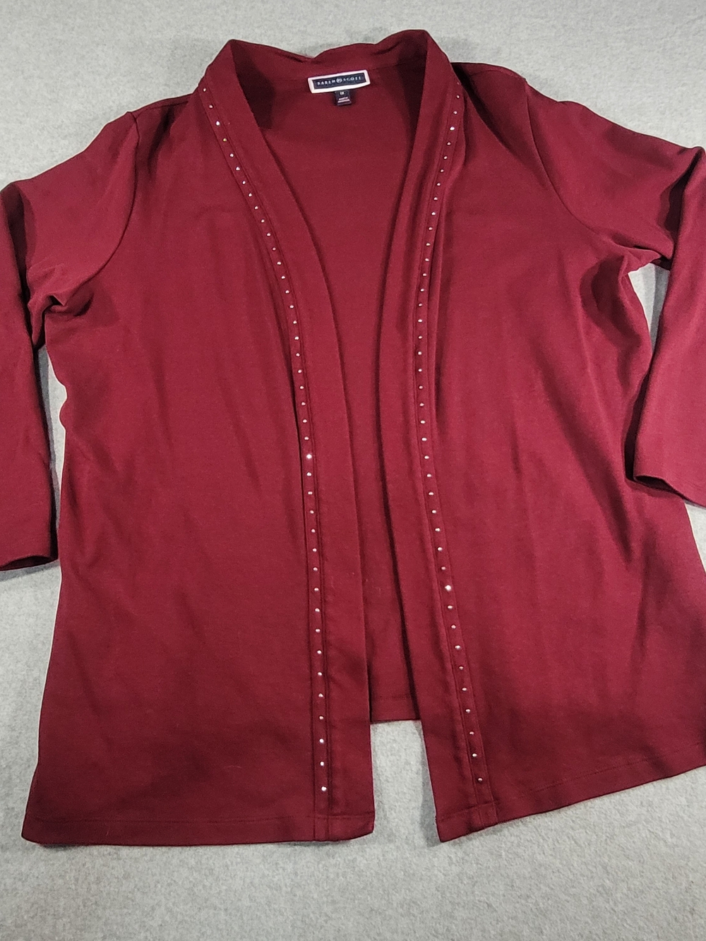 Karen Scott Stud-Trim Open-Front Cardigan in Deep Red